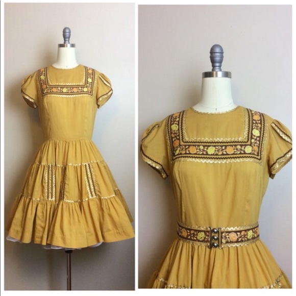 Vintage Dresses & Skirts - Vintage 1970s Mustard Western Ric Rac Dress